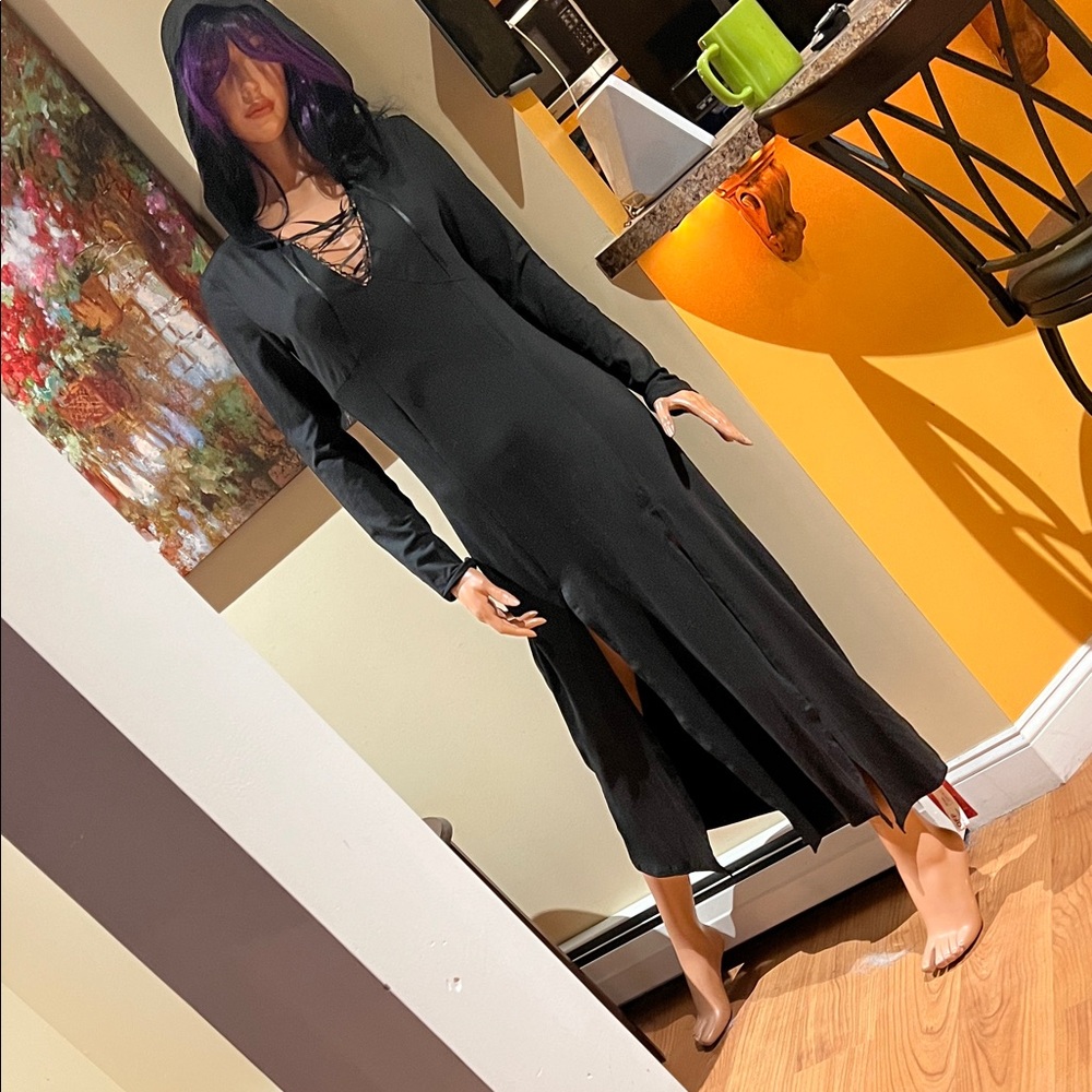 Gothic goth  Black Hooded lace up S Dress long sleeve nwt